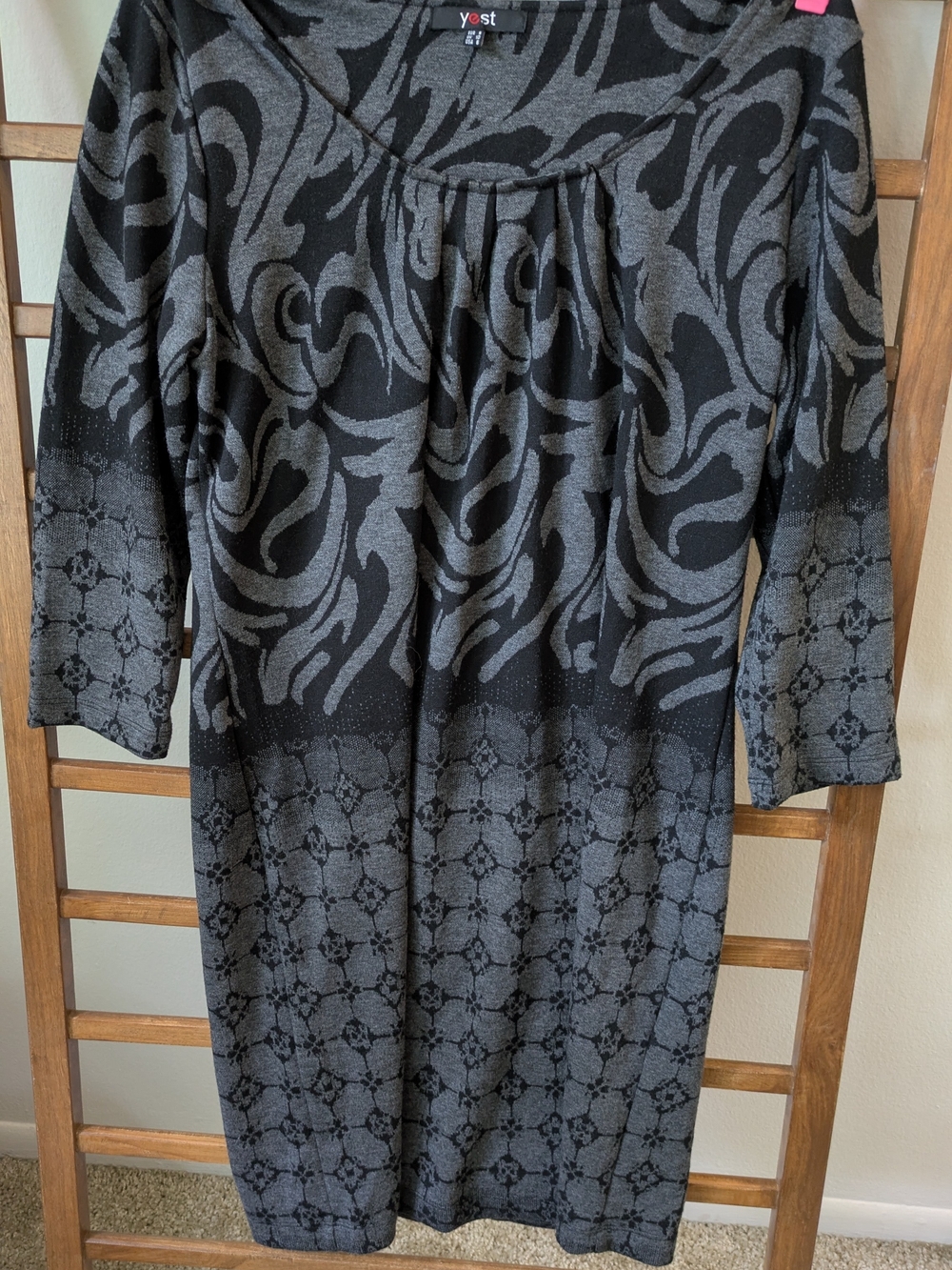 Yest Black & Gray Patterned 3/4 Sleeve Dress